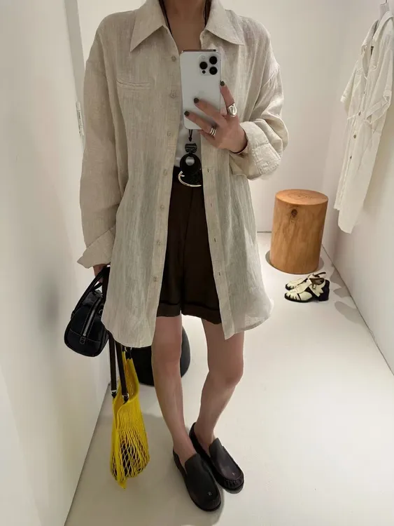 燕麦色长款亚麻衬衫～