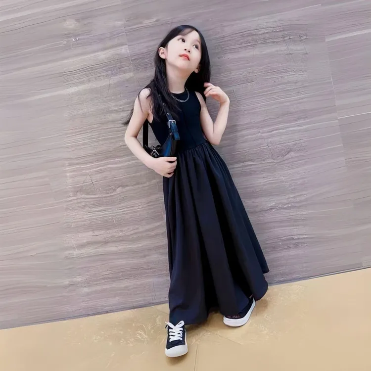 夏季圆领背心连衣裙女大童连衣裙夏装纯色无袖中大童裙子洋气长款