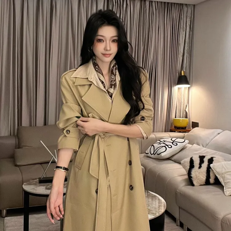 【城市漫步】2025春季新款卡其色长款韩版H型双排扣风衣外套女47