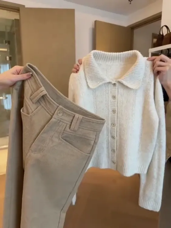 2025秋冬新款女韩系气质polo领针织开衫毛衣搭配高腰显瘦直筒裤子