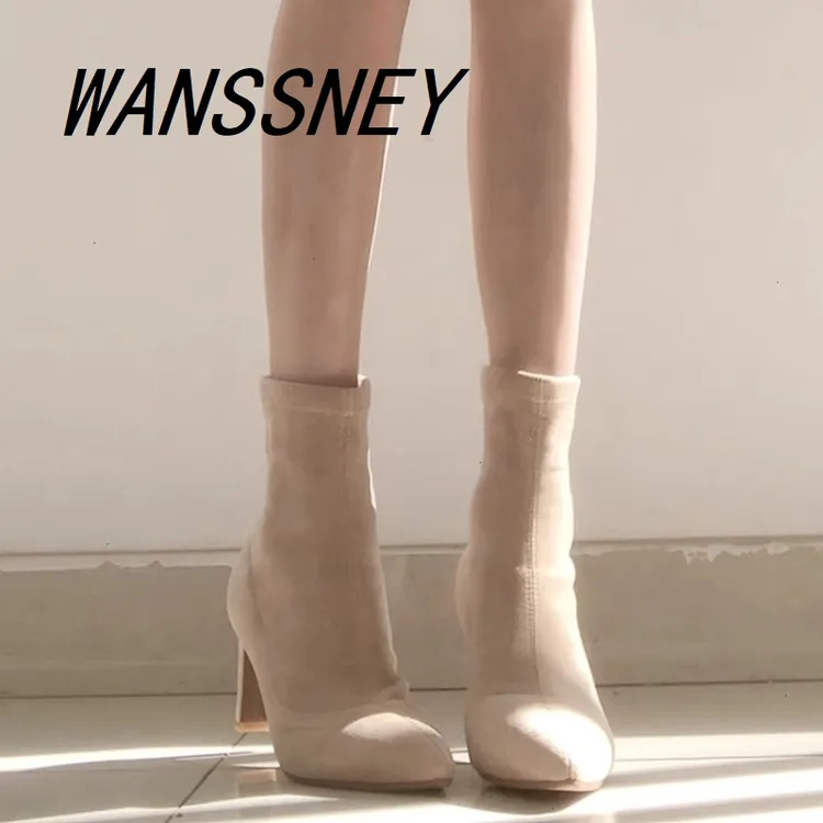 WANSSNEY2025新款绒面瘦瘦靴短靴女春秋马丁靴女高跟粗跟单靴子女