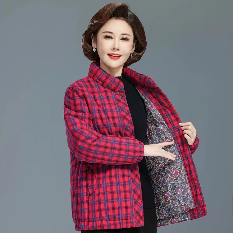 中老年女冬装纯棉格子奶奶棉衣保暖加厚棉服妈妈上衣棉袄立领外套