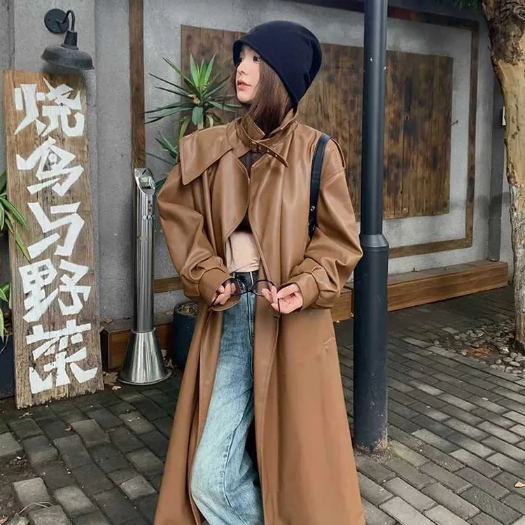咖色美拉德高端大牌皮衣外套女春秋新款休闲显瘦气质长款风衣潮百