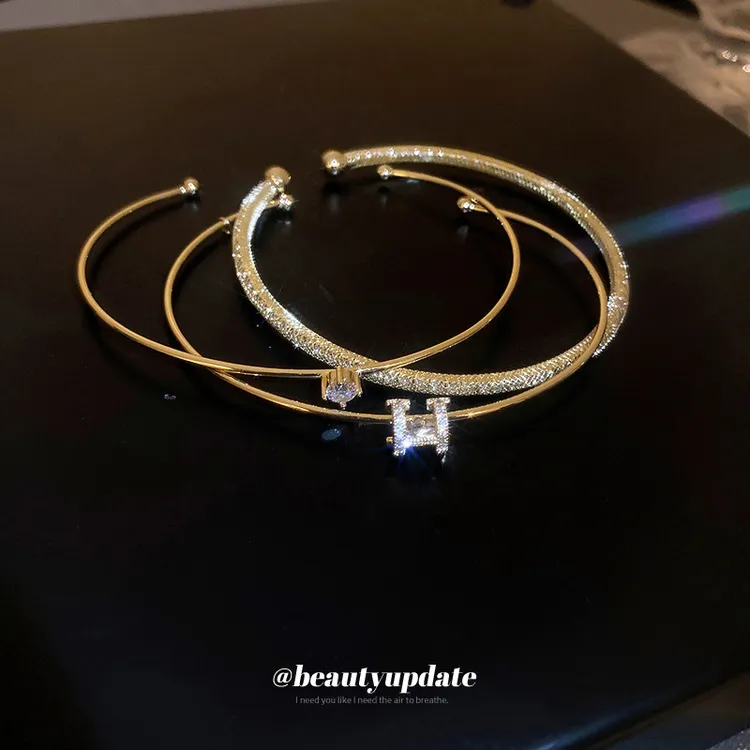 真金电镀锆石开口手环3件套韩国高级感轻奢手镯简约气质时尚手饰