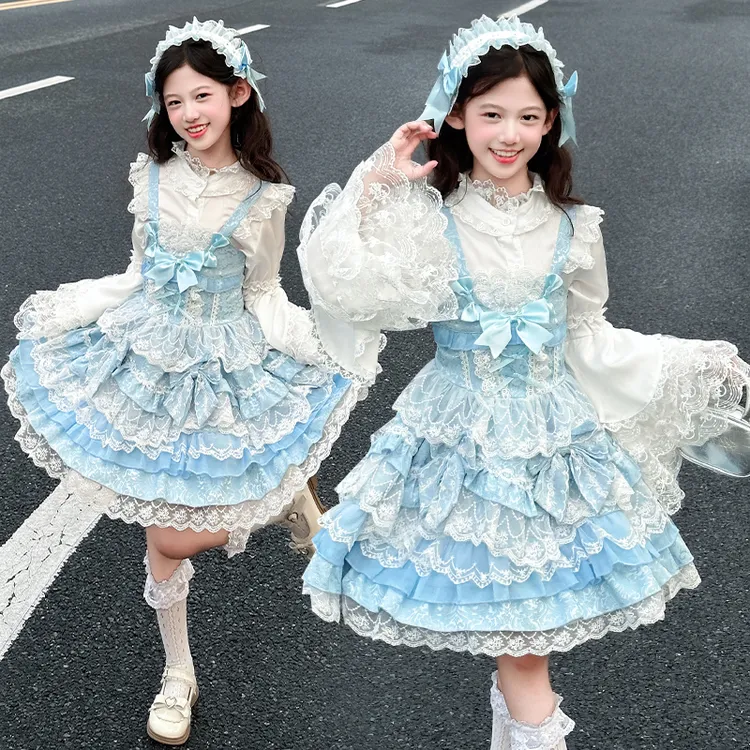 女童重工艺洛丽塔套装2025年新款8-15岁中大童春秋洋气蕾丝连衣裙