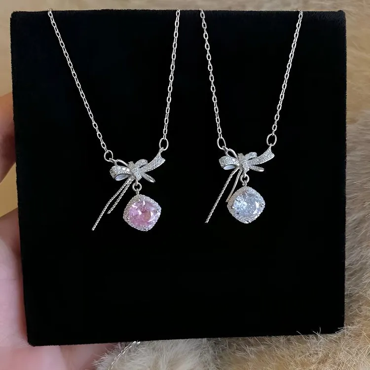 温柒 钛钢项链 蝴蝶结方糖项链轻奢小众时尚百搭高级设计感锁骨链