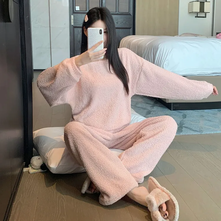 睡衣女秋冬保暖半边绒可爱可外穿大码冬季宽松加绒加厚家居服
