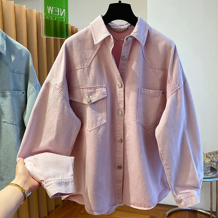 高级感粉色牛仔衬衫女春秋2025新款宽松大版洋气时髦衬衣外套上衣