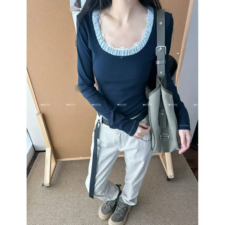 PCNY「蕾丝饰边」不理理秋季新款女装时尚法式修身显瘦长袖T恤