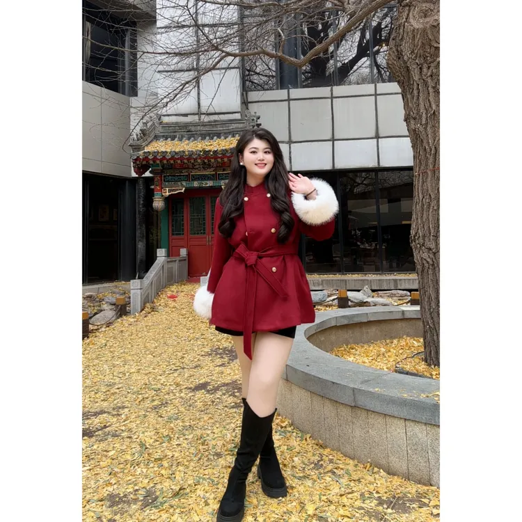现货【小稳专属运补6-8】微胖大码秋冬毛袖圈羽绒短款毛呢大衣9859