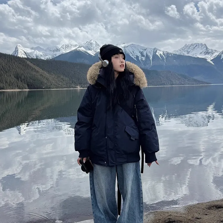 冬季户外加厚棉衣女欧美复古派克服大毛领外套连帽短款羽绒棉服