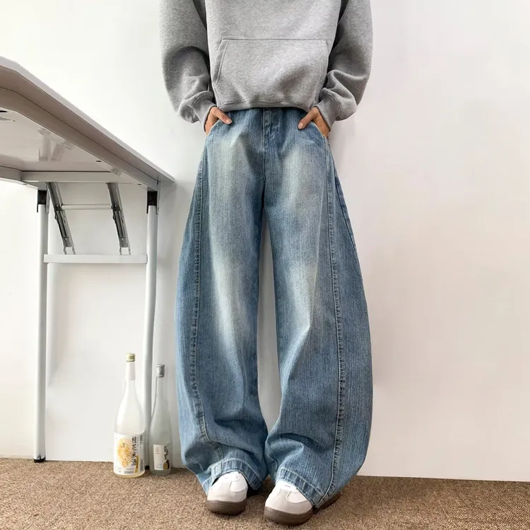 美式街头vibe复古解构竹节纹弯刀cleanfit水洗潮牌宽松牛仔长裤