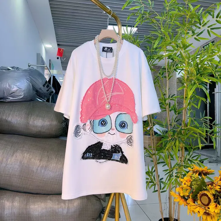欧货时尚卡通亮片宽松长款T恤胖妹妹遮肉显瘦设计韩范欧货8588