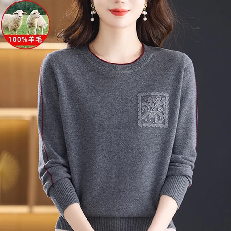 2025秋冬新款高档时尚圆领100%绵羊毛中年女士宽松休闲外搭纯羊毛