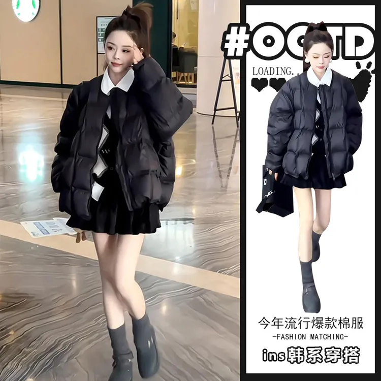 秋冬小个子高级感黑色百搭保暖棉服外套简约圆领设计方块面包服女