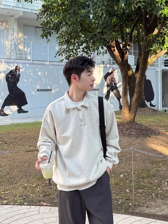 380g白花灰翻领卫衣男生秋季新款宽松百搭POLO衫套头简约长袖上衣