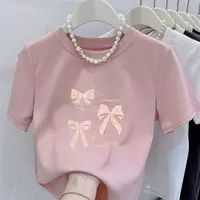 新款圆领乐谱蕾丝蝴蝶结印花纯棉短袖小个子女修身显瘦百搭上衣
