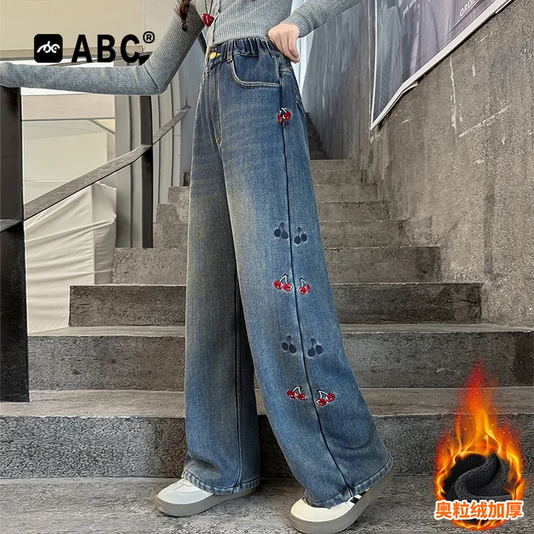 [25051]ABC女童加绒牛仔裤2025新款儿童刺绣直筒裤女孩秋冬裤子