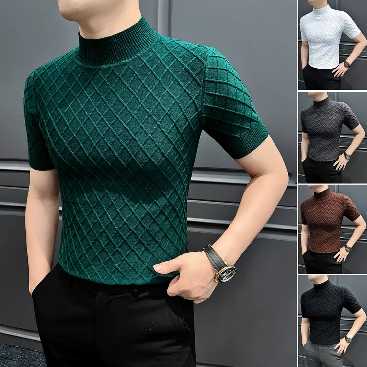 半高领菱形格针织T恤短袖男款秋冬季弹力柔软内搭毛衣男士打底衫