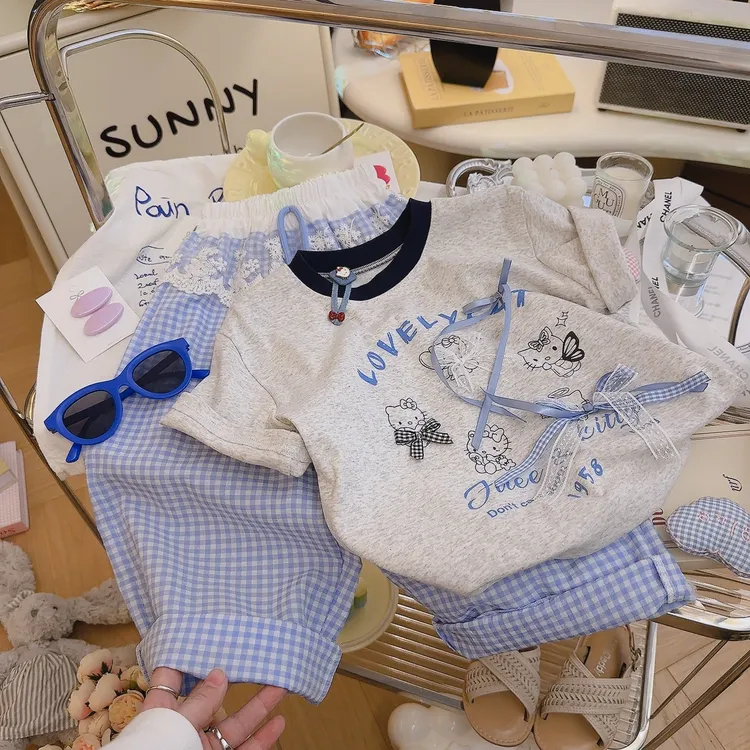 戴维呗啦女童12-15岁夏季套装2025新款卡通短袖女宝夏装格子裤