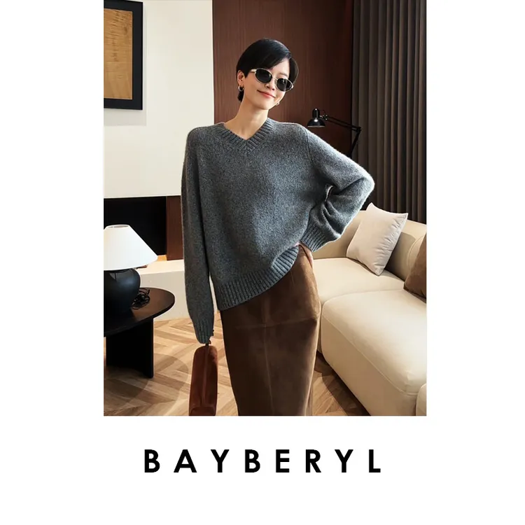  BAYBERYL老贝莓酥*花纱V领马鞍丝羊绒25秋针织衫ZZS5I2641-10/12