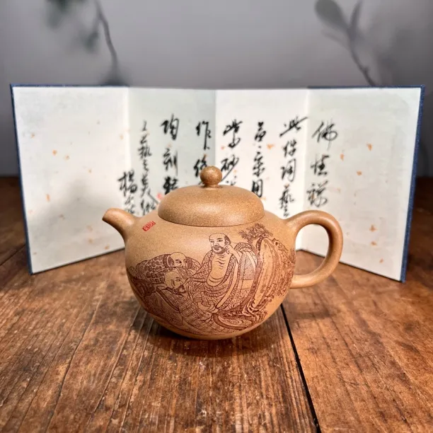 宜兴紫砂壶名家正品杨喜雨全手工《佛性禅心》原矿老段泥工笔刻精品