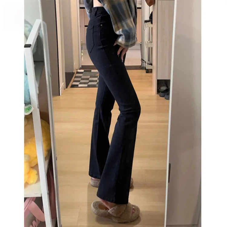 拉夏贝尔加绒黑色微喇紧身牛仔裤女冬季厚款显瘦小个子百搭喇叭裤