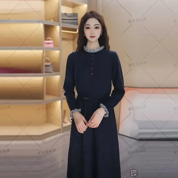 nuobeiyin/诺贝因冬季收腰显瘦木耳花边百搭针织连衣裙 NQDD5899