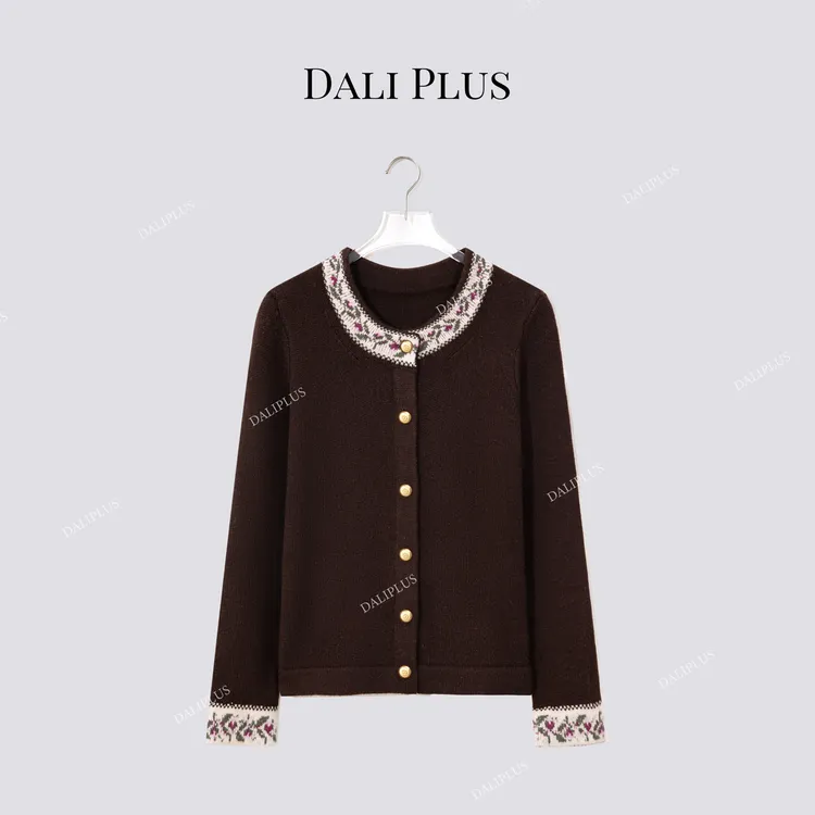 DALI PLUS“小玫瑰花卉100羊毛毛衣”全羊毛针织开衫-D5MM3392