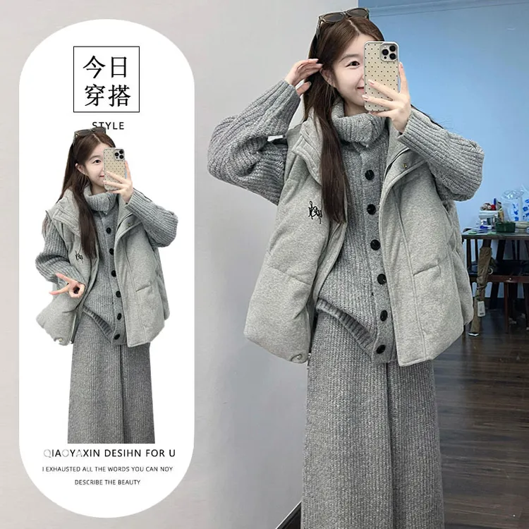 秋冬ootd穿搭一整套韩系慵懒风松弛背心棉服针织衫阔腿裤裤套装女