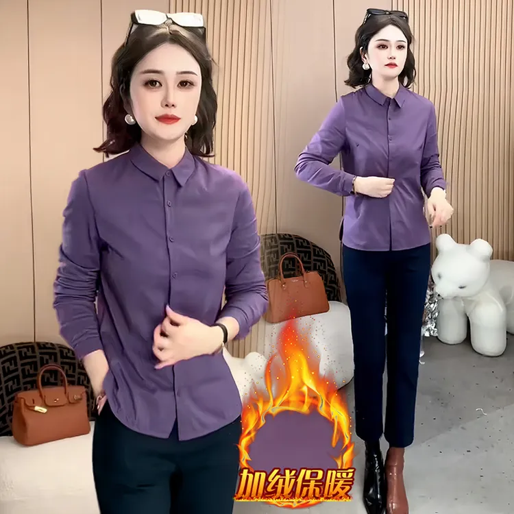 加绒气质POLO领长袖衬衫女2025年冬季新款设计感时尚简约百搭衬衣