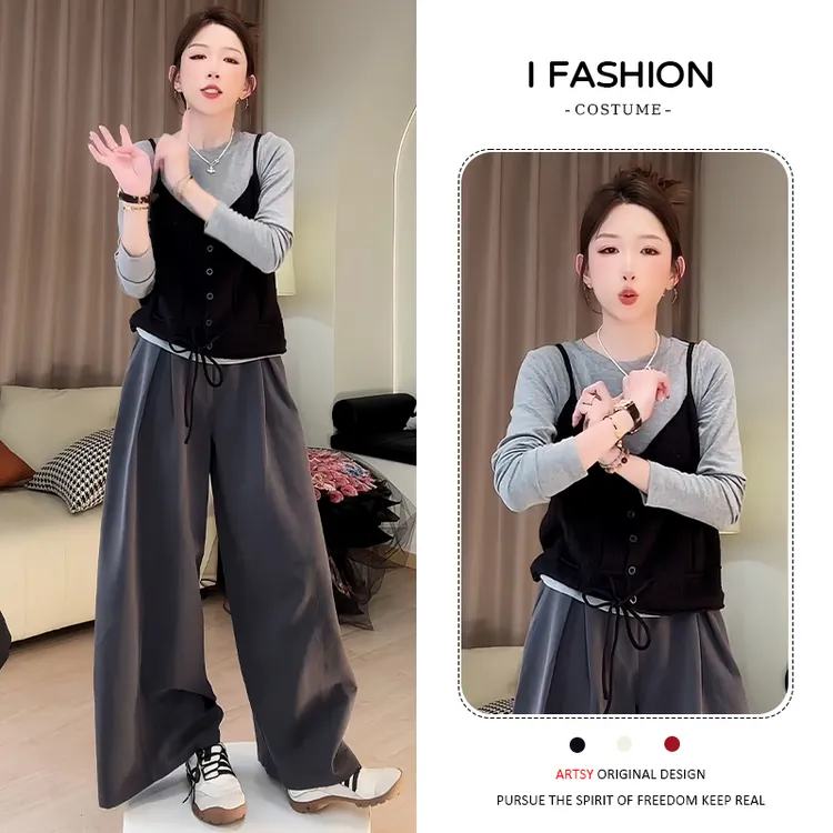 小个子时尚减龄套装女2025春秋新款舒适百搭上衣背心阔腿裤三件套