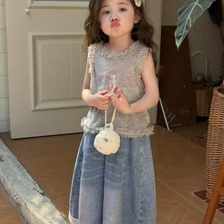 童装2025春夏新款女童小童小熊花边背心牛仔阔腿裤长裤洋气休闲潮