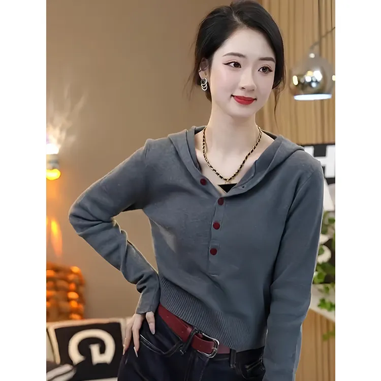 秋季小个子新款长袖短款连帽针织衫女韩版洋气显瘦打底衫毛衣上衣