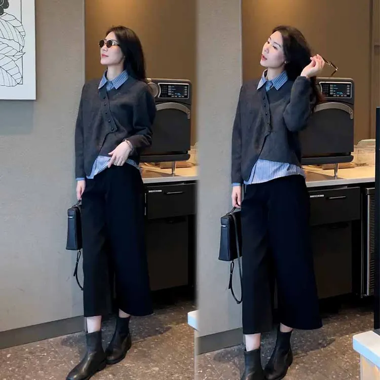 2025秋季新款设计感慵懒风长袖开衫女内搭衬衫休闲阔腿裤三件套装