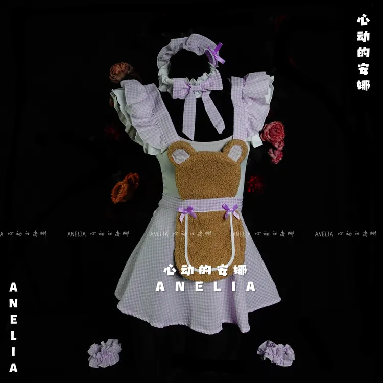 ANELIA 威化小熊 厨娘cos可爱甜美连体衣内衬搭围裙套装镂空睡裙