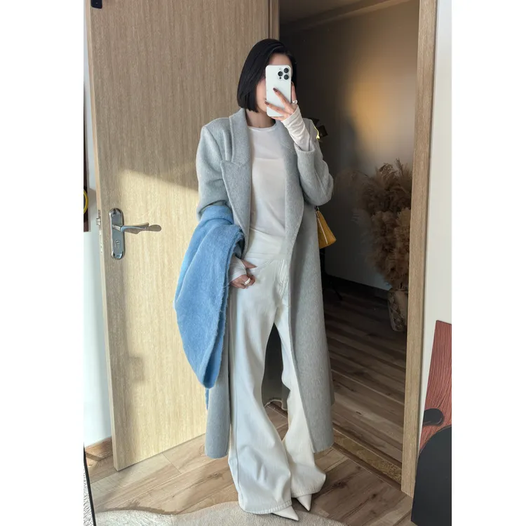 【圣特罗佩】秋冬新款正肩西装领腰带双面毛呢子大衣外套女装