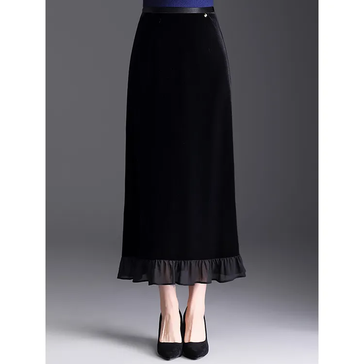 黑色金丝绒直筒半身裙荷叶边裙子女秋季新款气质长裙开叉包臀裙子