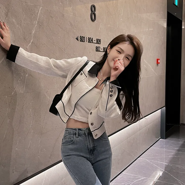 港风外套女2025春季新款短款小香风拼色百搭短外套显瘦小西装女