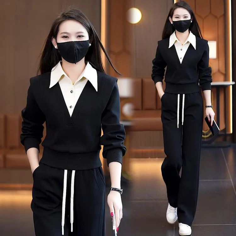 高含棉休闲时尚套装女2025春秋季新款假两件polo衫阔腿裤两件套