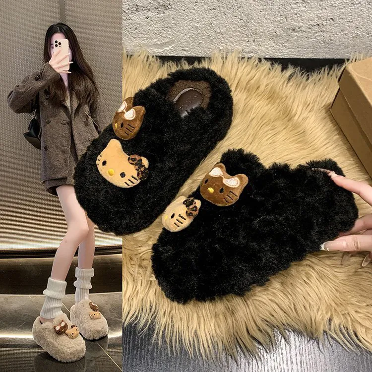 卡通动漫休闲风浅口千金风包头拖厚底增高8CM平底居家保暖毛毛鞋