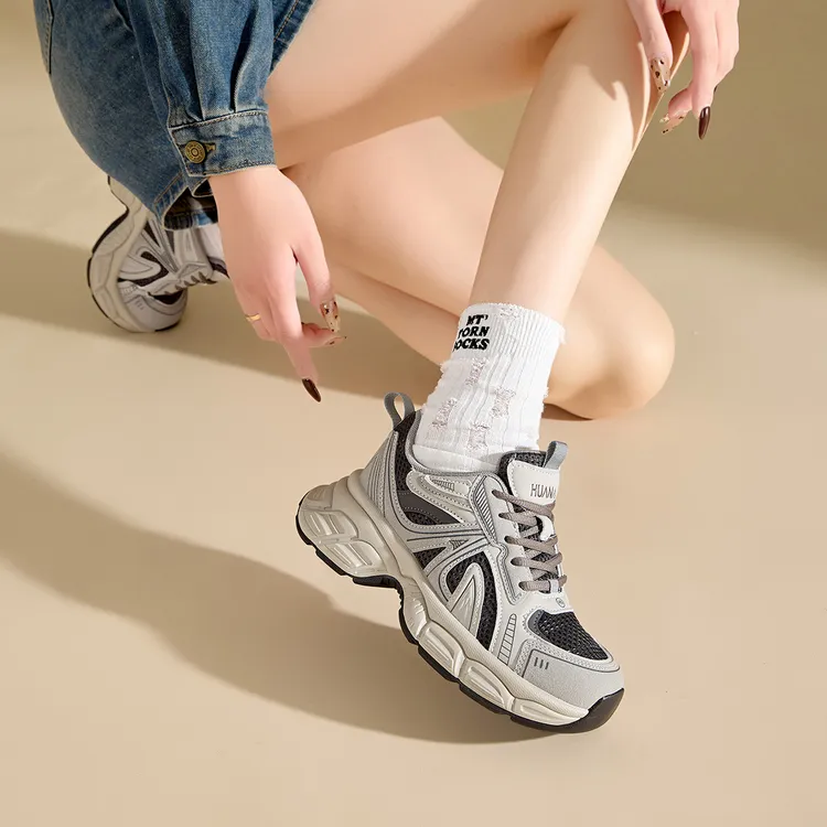 华耐厚底老爹鞋女2025春秋新款百搭显脚小轻便增高户外运动休闲鞋