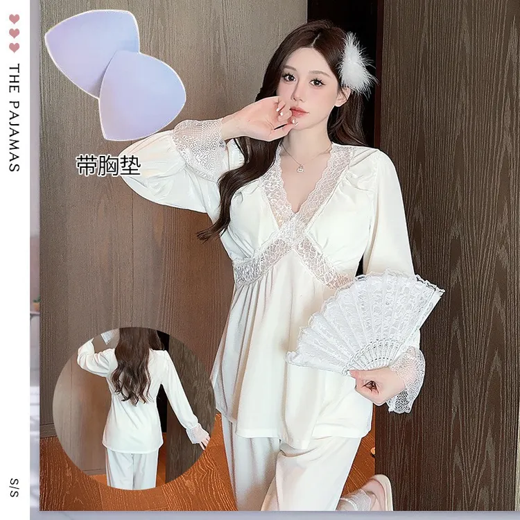 女士冰丝带胸垫蕾丝薄款短袖睡衣春秋夏季高级感家居服