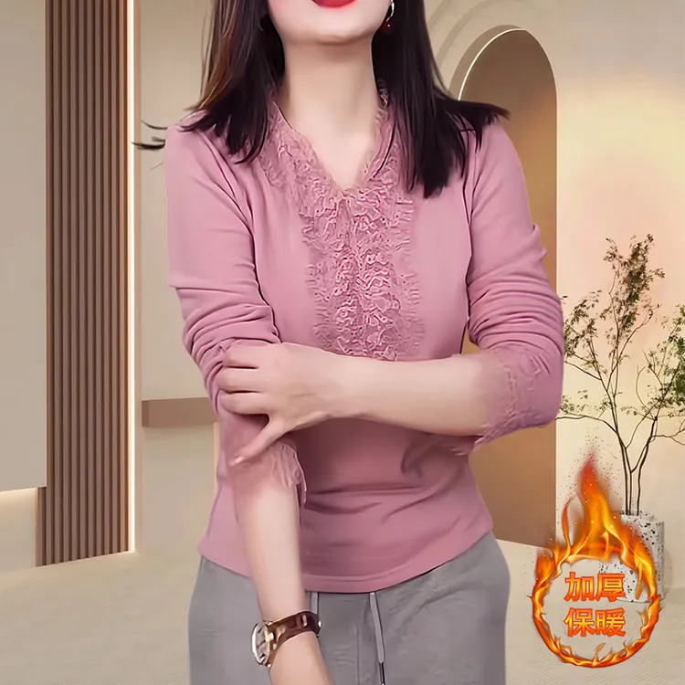 百搭休闲独特漂亮小衫韩版洋气拼接v领蕾丝长袖显瘦百搭打底衫女