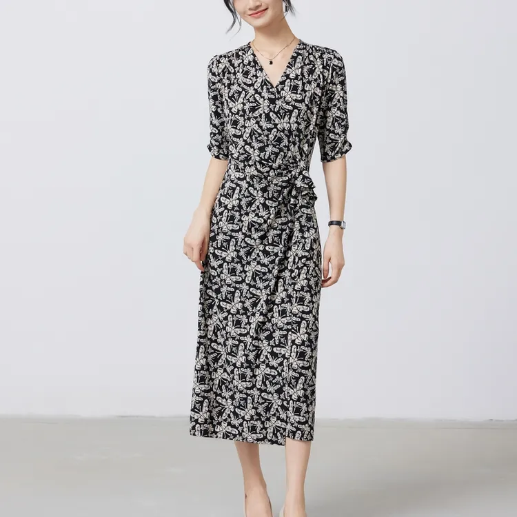 【主播专属】高端定制时尚优雅气质蝴蝶花连衣裙修身显瘦百搭中长裙