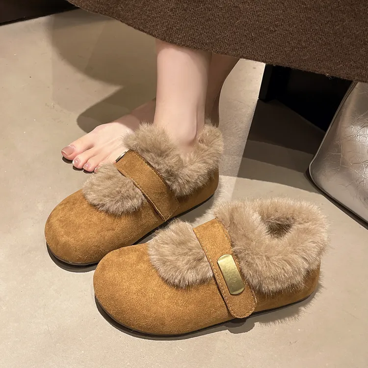 法式深口温柔棉鞋2025秋冬新款纯色公主鞋魔术贴内玛丽珍棉鞋