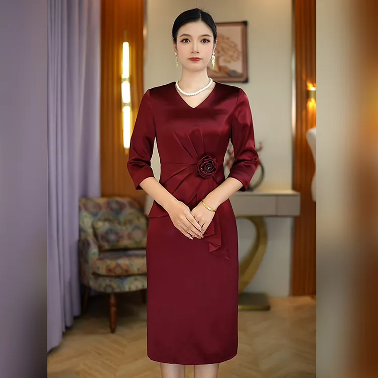 高档喜婆婆结婚连衣裙夏短袖醋酸缎面结婚丈母娘妈妈装婚宴礼服