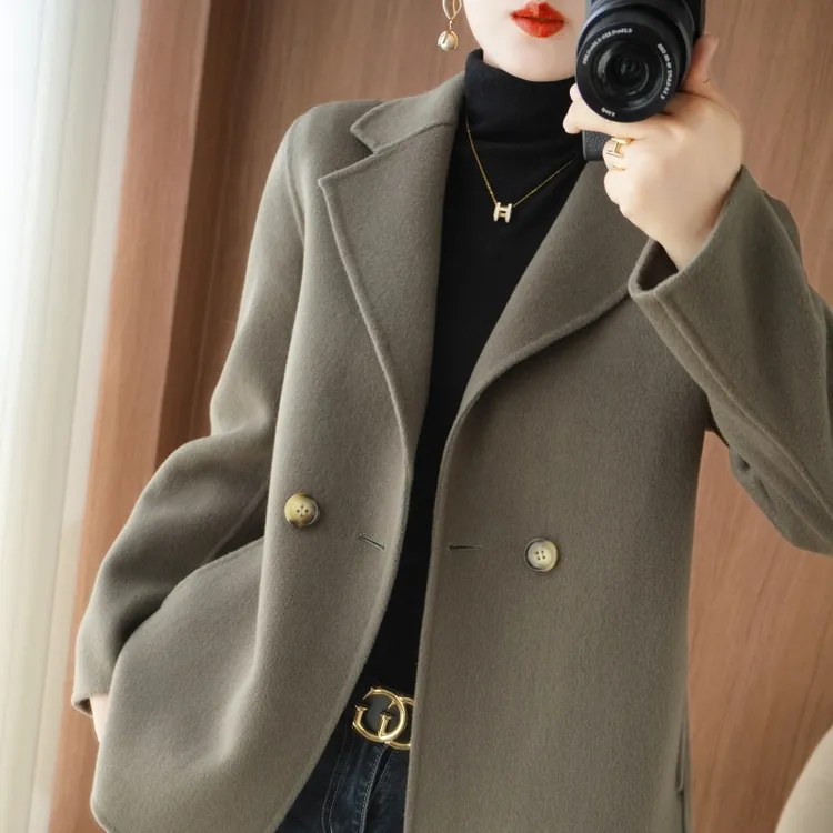 TSKM双面羊毛大衣羊绒小个子西装高级感短款毛呢子外套女中长款风