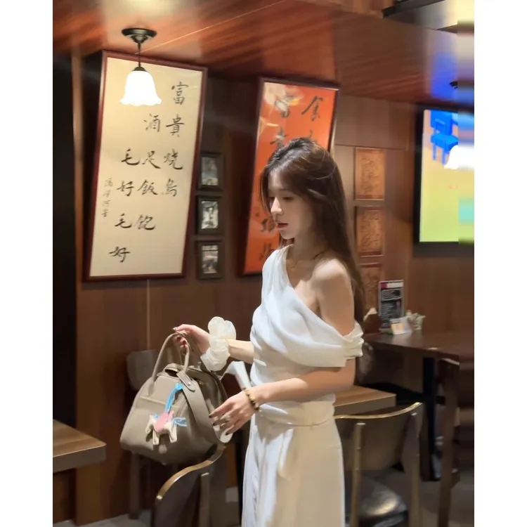 夏日清甜〜斜肩短袖T恤高腰显瘦阔腿裤女度假风天丝亚麻套装A002