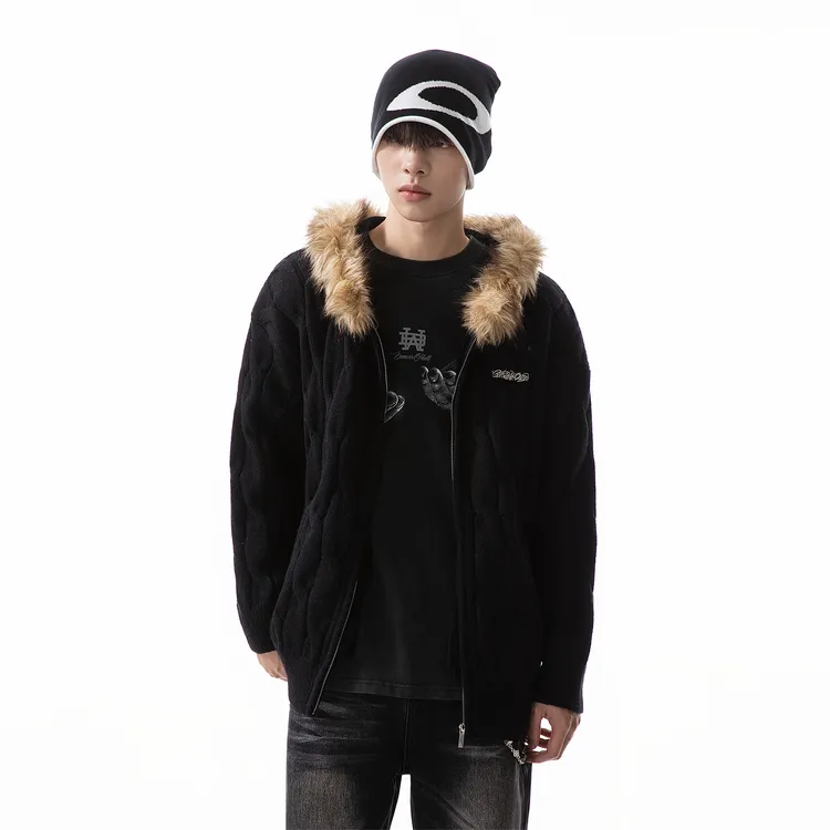 美式复古厚款情侣毛衣外套男女秋冬慵懒风宽松毛领连帽麻花针织衫